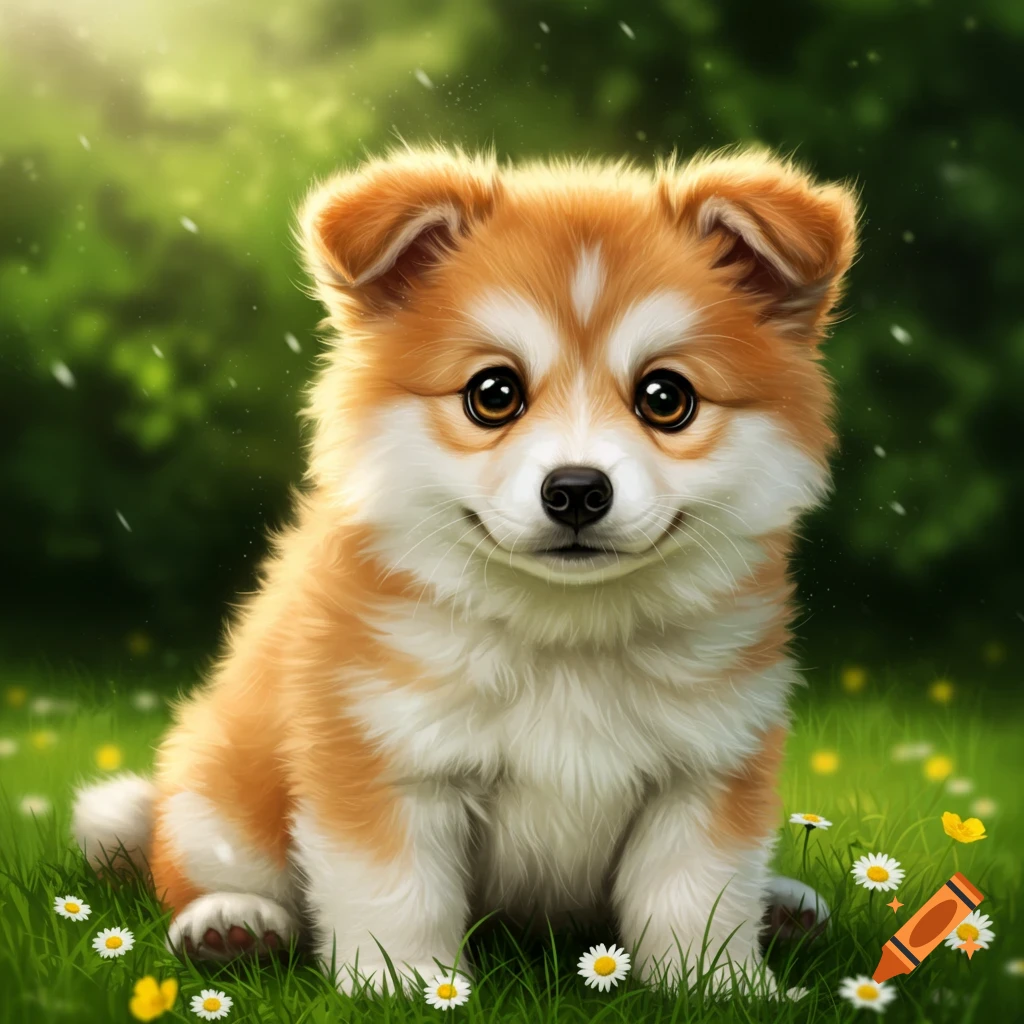 A fluffy, orange and white puppy sits smiling in a bright green grassy field with white daisies.