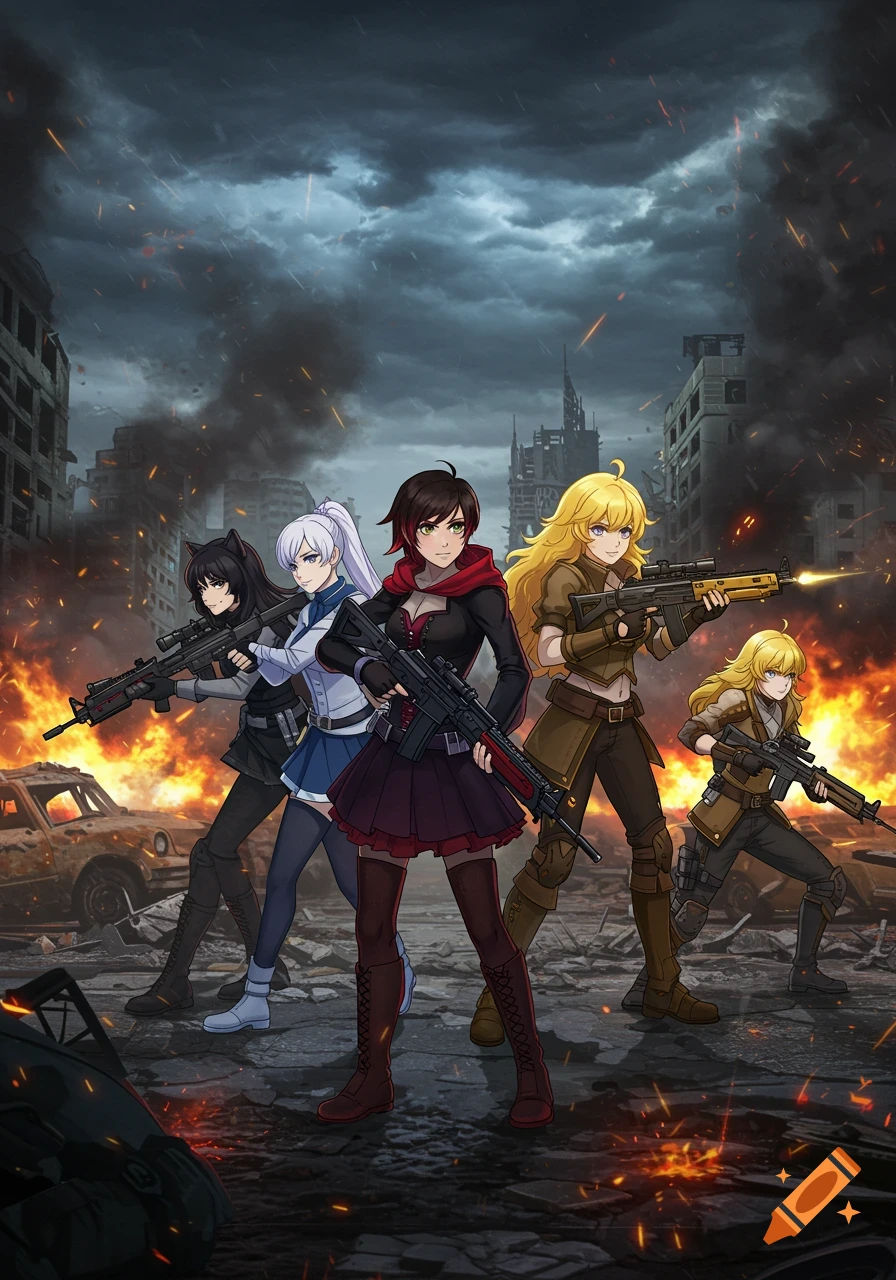 Five anime women with weapons stand in a destroyed city, with explosions and smoke in the background.