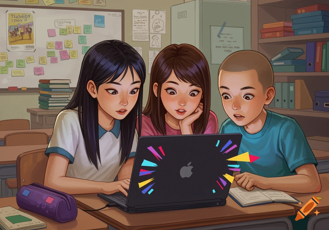 Three students, two girls and one boy, in a classroom intently looking at a laptop screen displaying colorful abstract shapes.