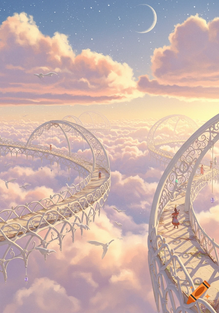 Ethereal white bridges curve above soft pink and orange clouds at sunset, under a starry sky with a crescent moon.