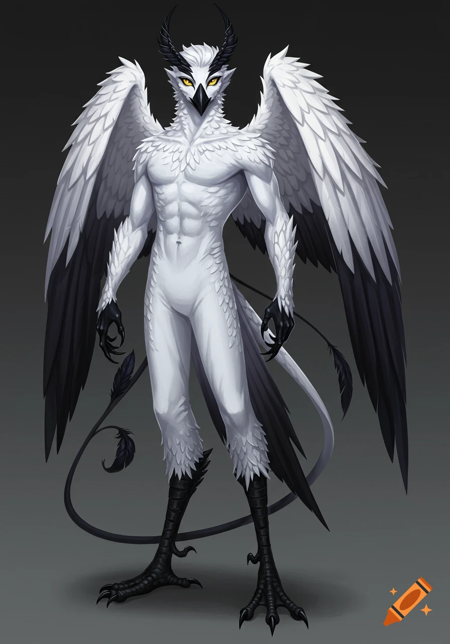 An anthropomorphic harpy-like creature with white feathers, black wings, and a black beak, standing with prominent abs and bird-like talons for hands and feet. It has yellow eyes and black horns.