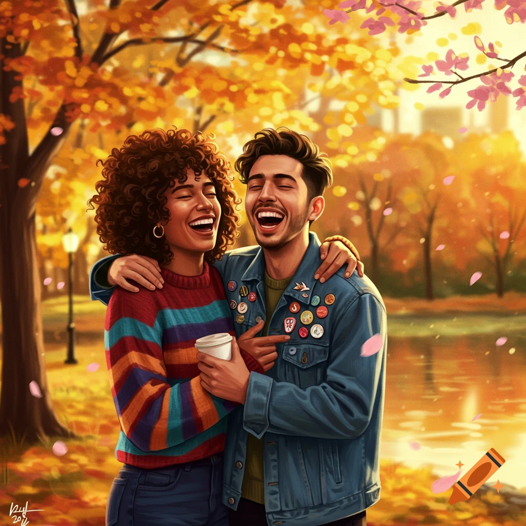 Two happy friends, a man and a woman, laugh and embrace in a vibrant autumn park setting, illustrated in a digital art style.