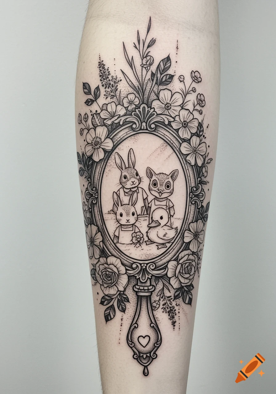 A black and white tattoo on a forearm of a vintage floral mirror frame with two bunnies, an owl-like creature, and a duckling inside.