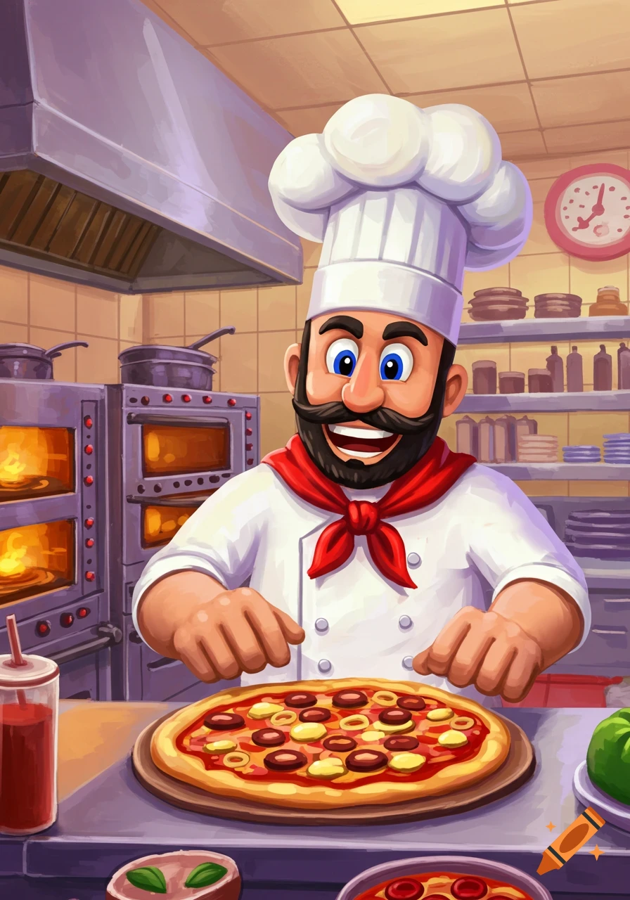 Cartoon illustration of a smiling chef in a white hat and red scarf preparing a pizza in a kitchen.