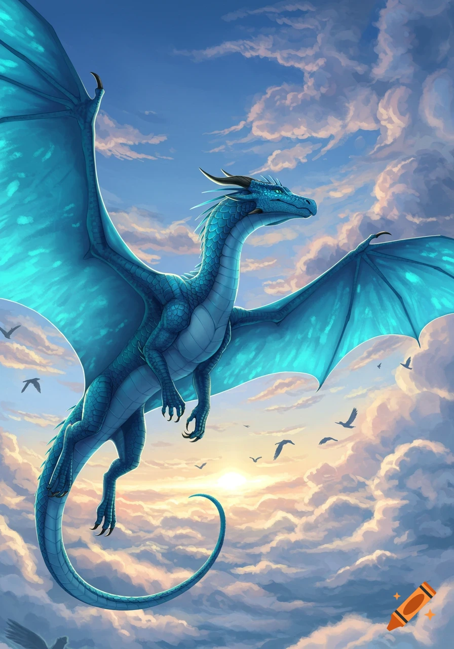 A majestic blue dragon with large wings soars gracefully through a cloudy sky at sunset, with birds flying around it.