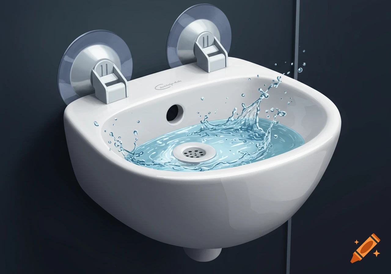A white bowl-shaped sink with splashing water, attached to a dark wall by two clear suction cups.