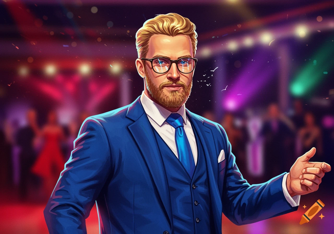 Stylized illustration of a blonde-haired man with a beard and glasses in a blue suit at a lively party.