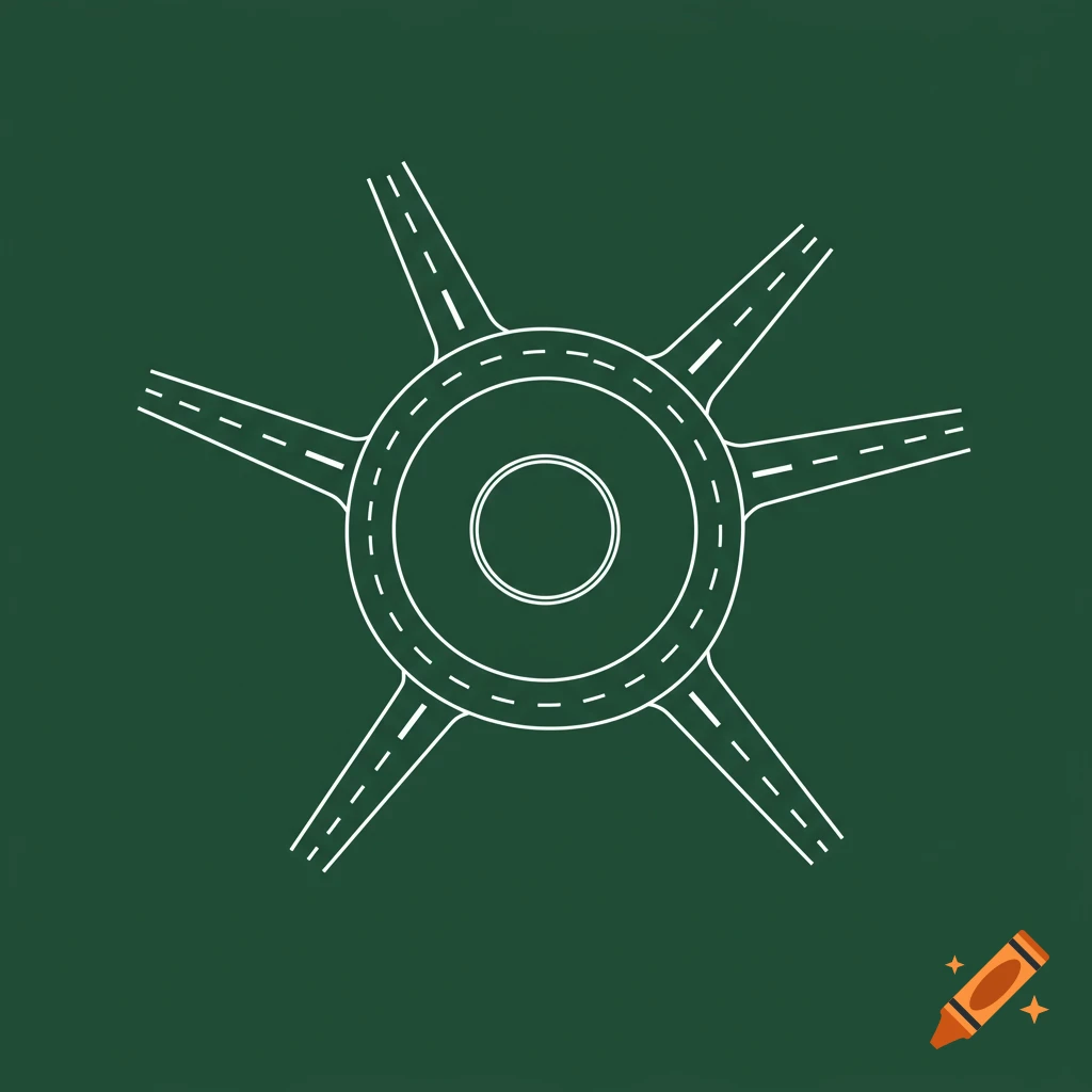 Overhead diagram of a roundabout with six roads on a dark green background, drawn with white lines.