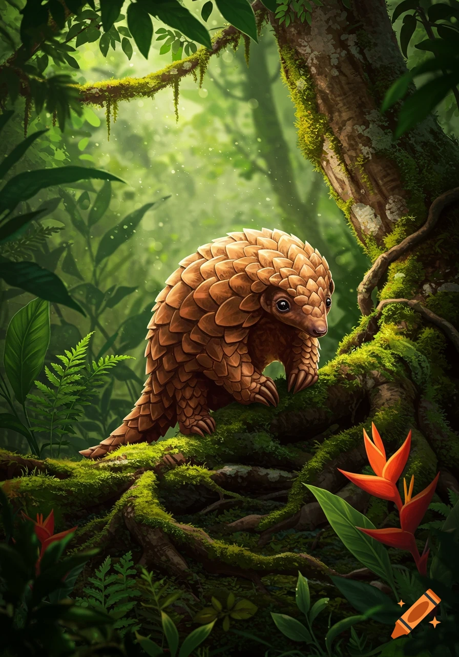 A stylized illustration of a pangolin with brown scales standing on a mossy tree root in a lush green jungle.