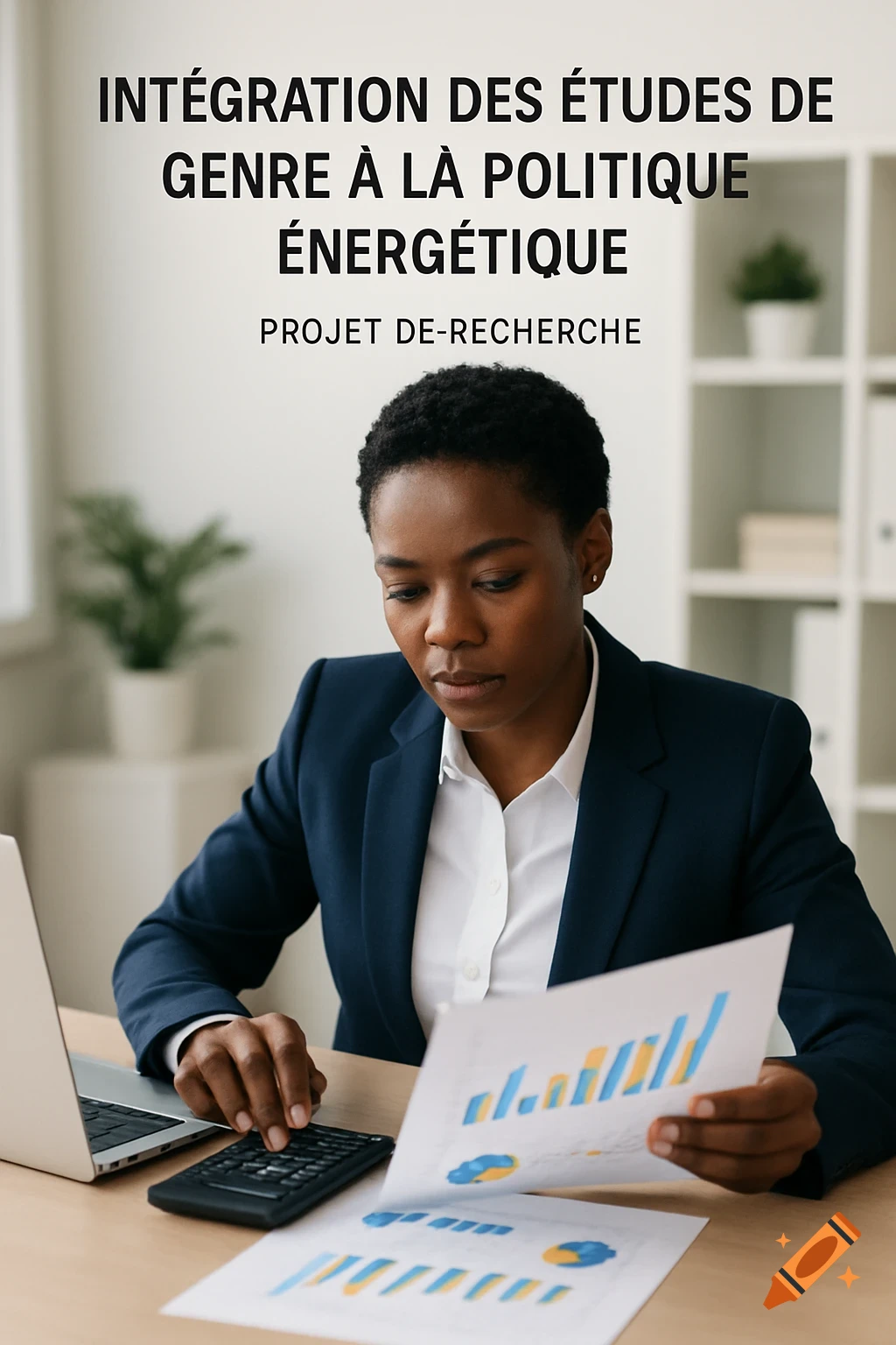 A professional Black woman in an office reviews charts and uses a calculator next to a laptop, with a research project title above her.