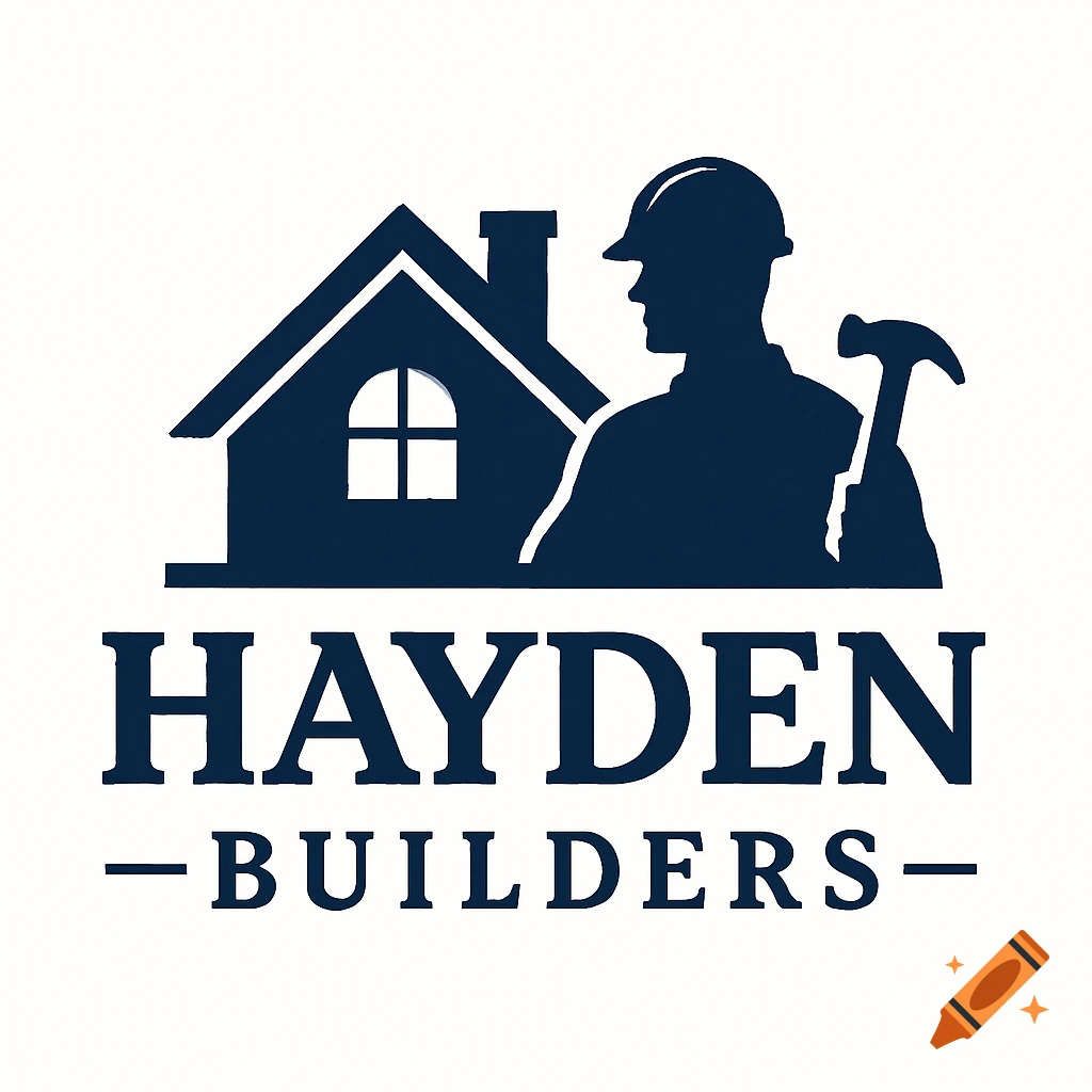 A dark blue logo for Hayden Builders featuring a house and a construction worker with a hammer.