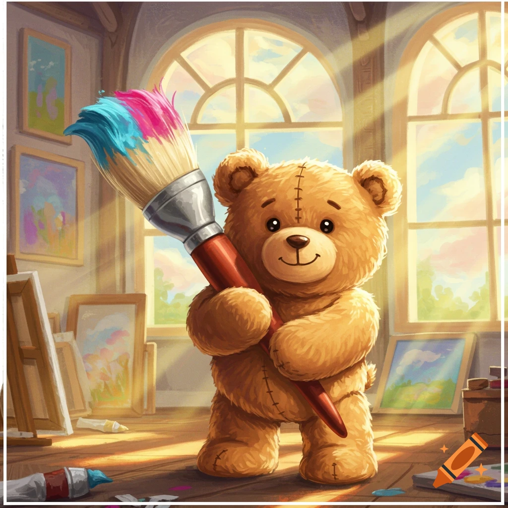 A cheerful teddy bear holding a giant paint brush with blue and pink paint on it, standing in an artist's studio bathed in sunlight.