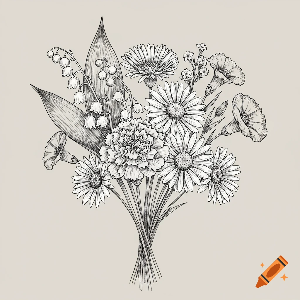 Black and white sketch of a bouquet of mixed flowers including lilies of the valley, carnations, and daisies.