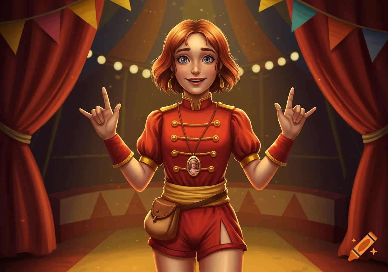 A smiling young female acrobat in a red and gold costume gestures in sign language within a warmly lit circus tent.