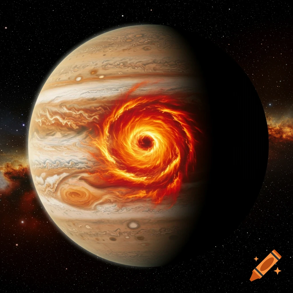 A vibrant image of Jupiter with a large fiery orange and red swirling vortex on its surface, set against a dark starry space background.