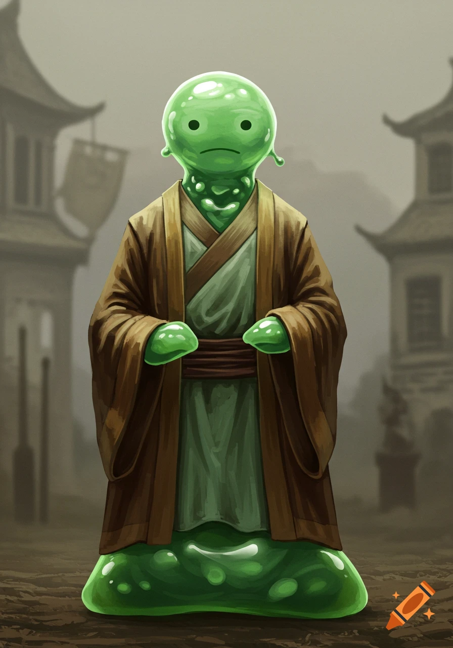 A green slime creature in brown and green robes stands in front of blurred Asian-style buildings, looking sad.