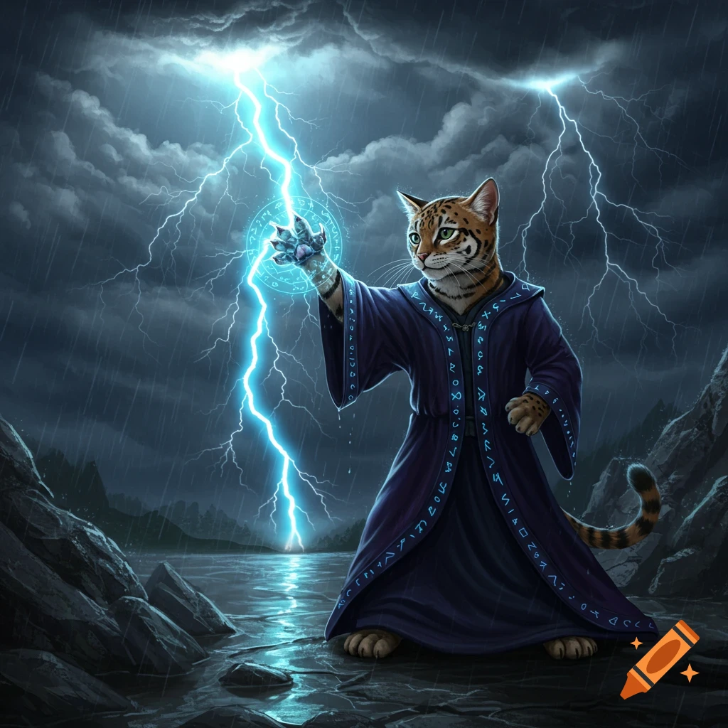 A realistic cat wizard in a dark robe conjures lightning from its paw during a stormy night over water.