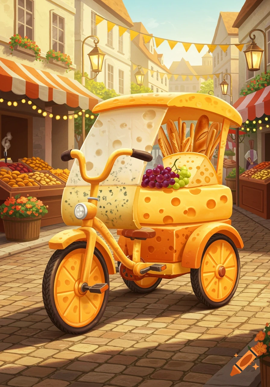 A bright yellow cartoon cheese trike with bread and grapes parked on a cobblestone street in a bustling market.