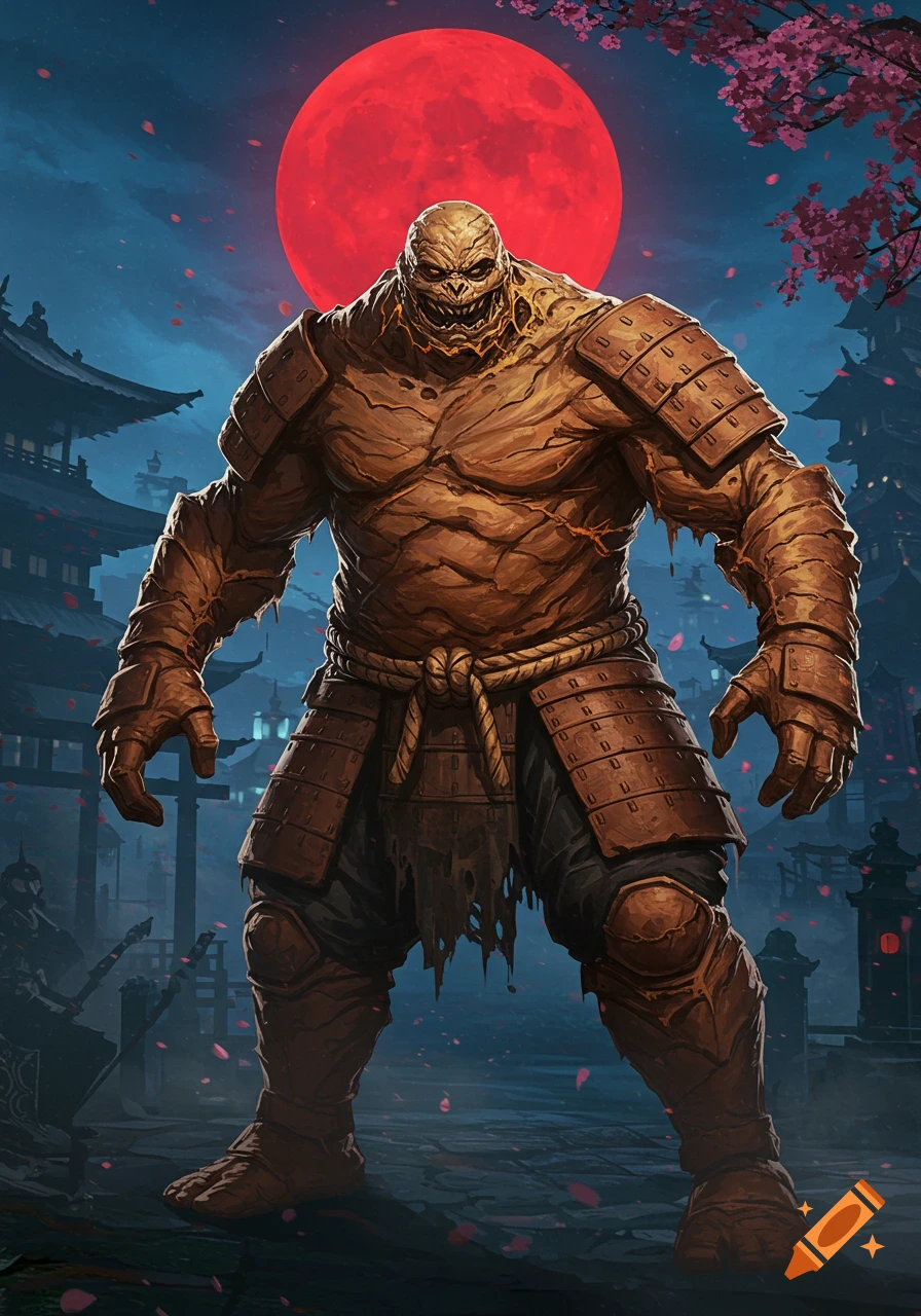 A monstrous, clay-like figure in samurai armor stands in a Japanese village under a large red moon with falling cherry blossoms.