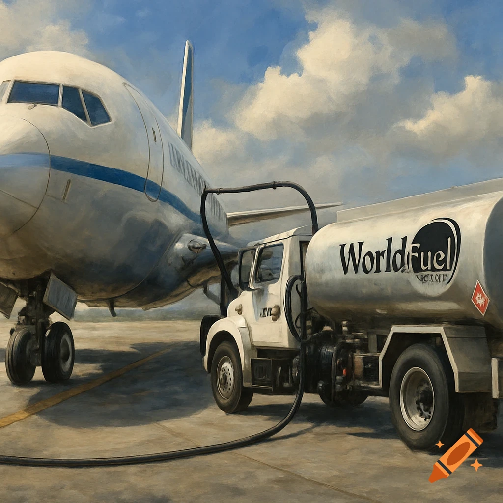 A white airplane is being refueled on an airfield by a white tanker truck with "WorldFuel" written on its side, under a partly cloudy sky. The image has a painterly style.