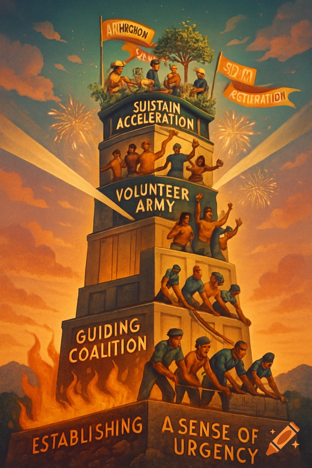 A stylized socialist realism propaganda poster depicts a multi-tiered tower with figures symbolizing progress, set against a fiery base and a celebratory sky with fireworks. Text on levels and flags details phases of a project.