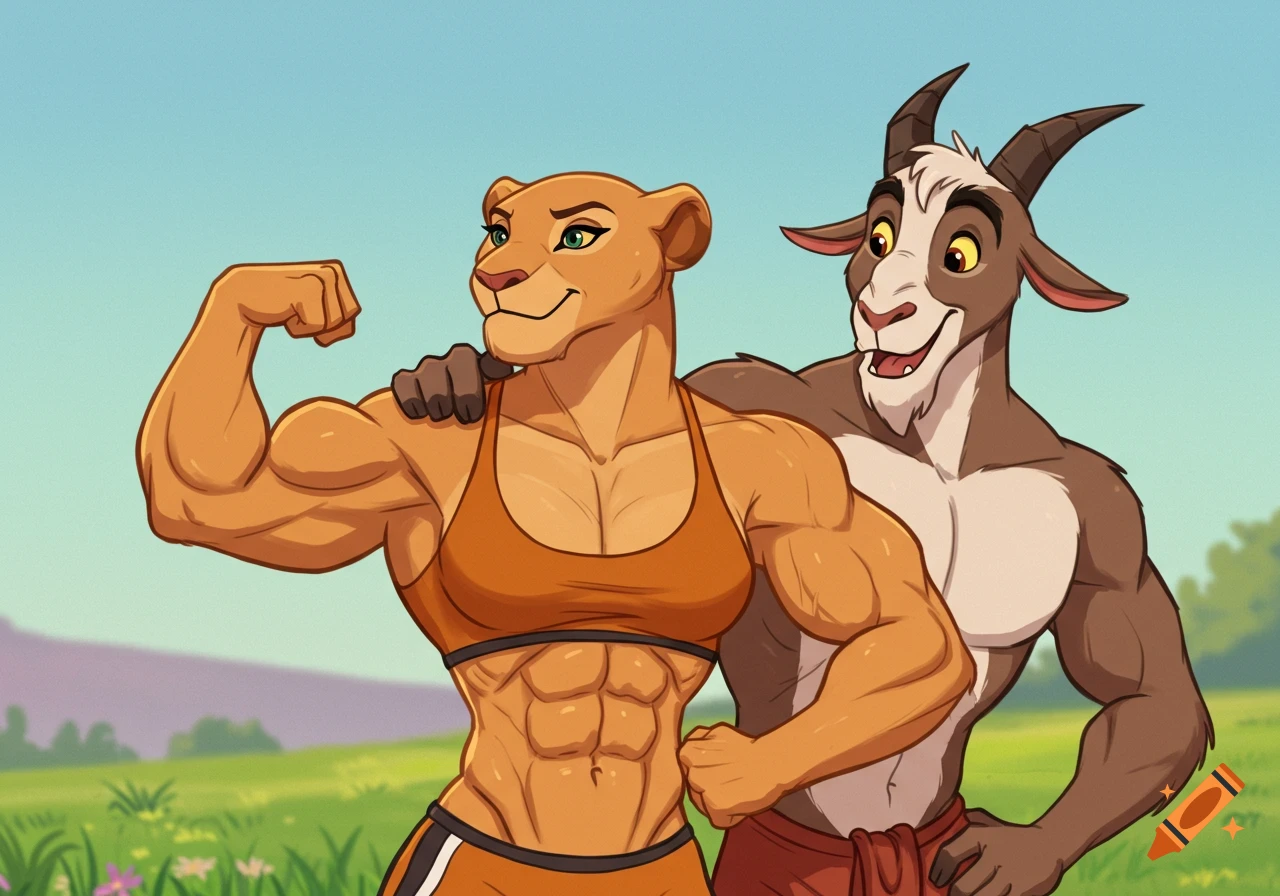 An anthropomorphic lioness with an athletic build flexes her bicep next to a muscular anthropomorphic goat in a 2D animation style.