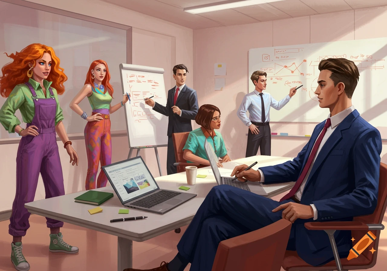 An illustrated team meeting in an office with several people presenting at whiteboards and others working on laptops.