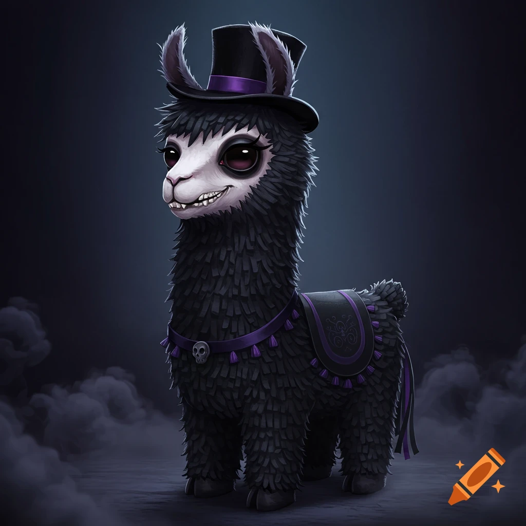 A black goth llama character with a top hat and a creepy smile, wearing purple accessories, standing in a dark, misty setting.