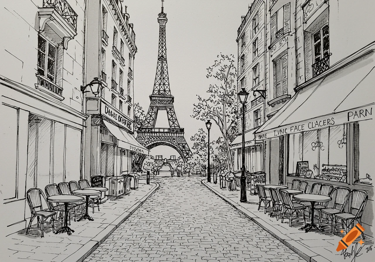 Black and white sketch of a Parisian street with the Eiffel Tower, cafes, and cobblestones.