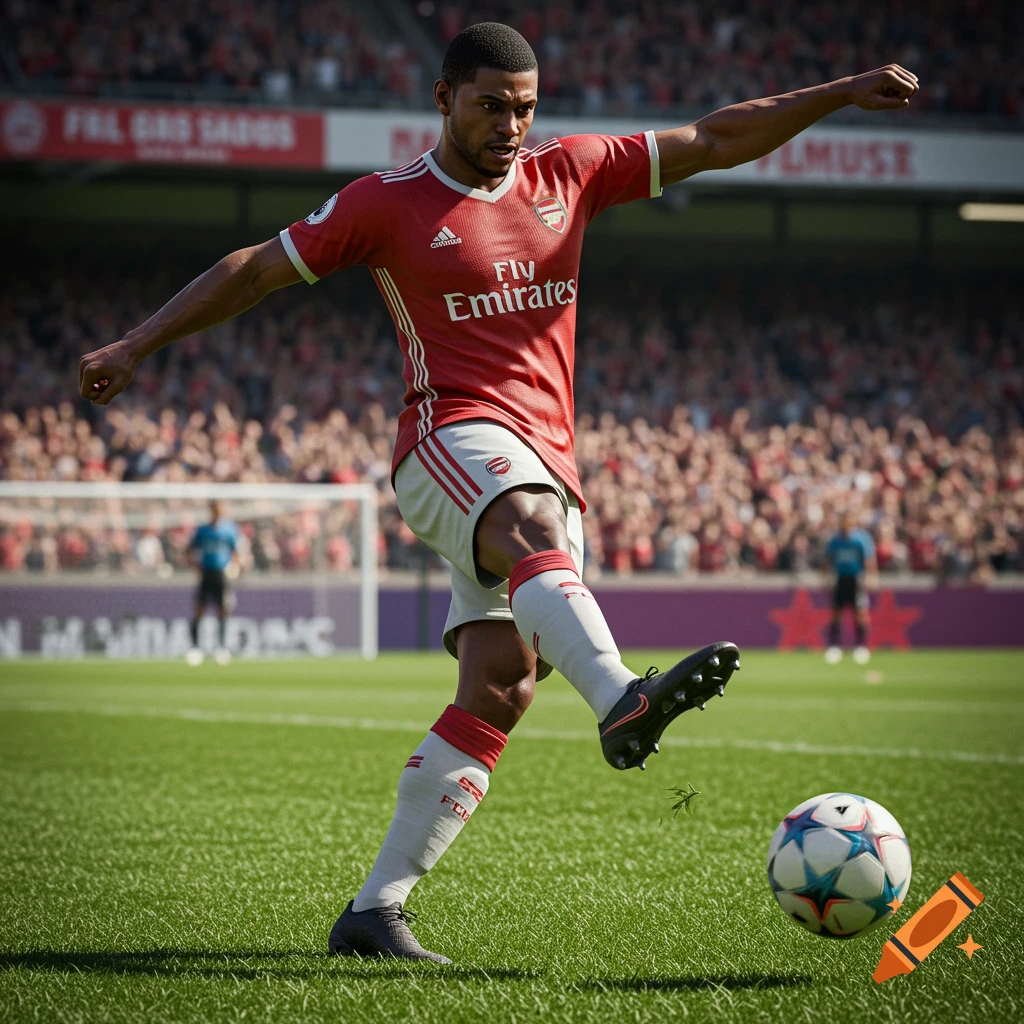 A photorealistic image of a male footballer in a red and white jersey kicking a soccer ball on a green field in a stadium filled with spectators.