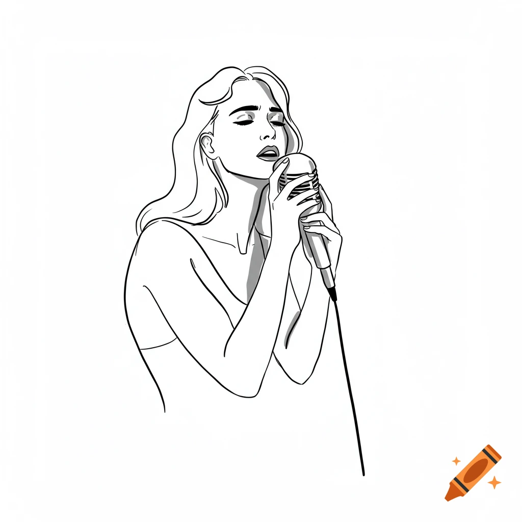 Black and white line art of a woman singing into a microphone with her eyes closed.