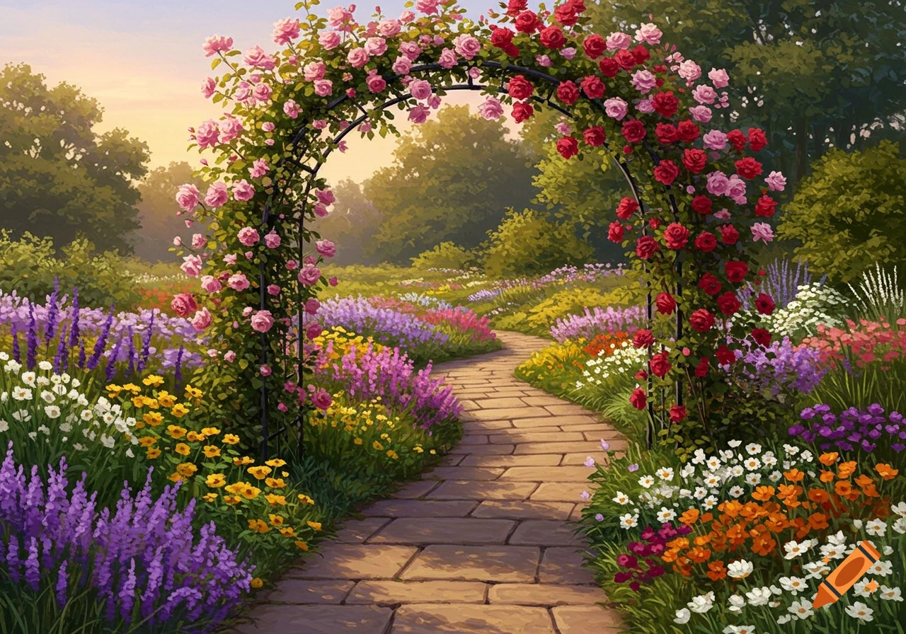 A beautiful garden path lined with colorful flowers, leading through a rose arch at sunset in a painted style.