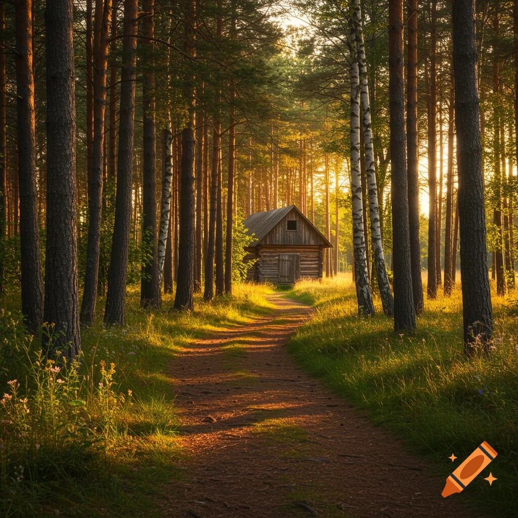 A sunlit path winds through a dense forest towards a rustic wooden cabin, with golden light filtering through the trees.