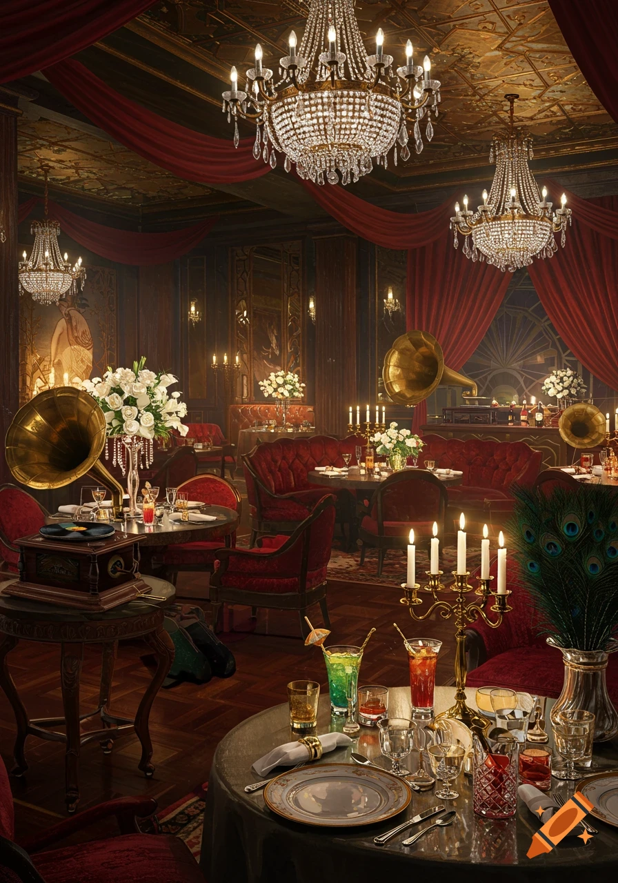 Luxurious 1920s speakeasy with crystal chandeliers, red velvet furniture, gramophones, and set tables.