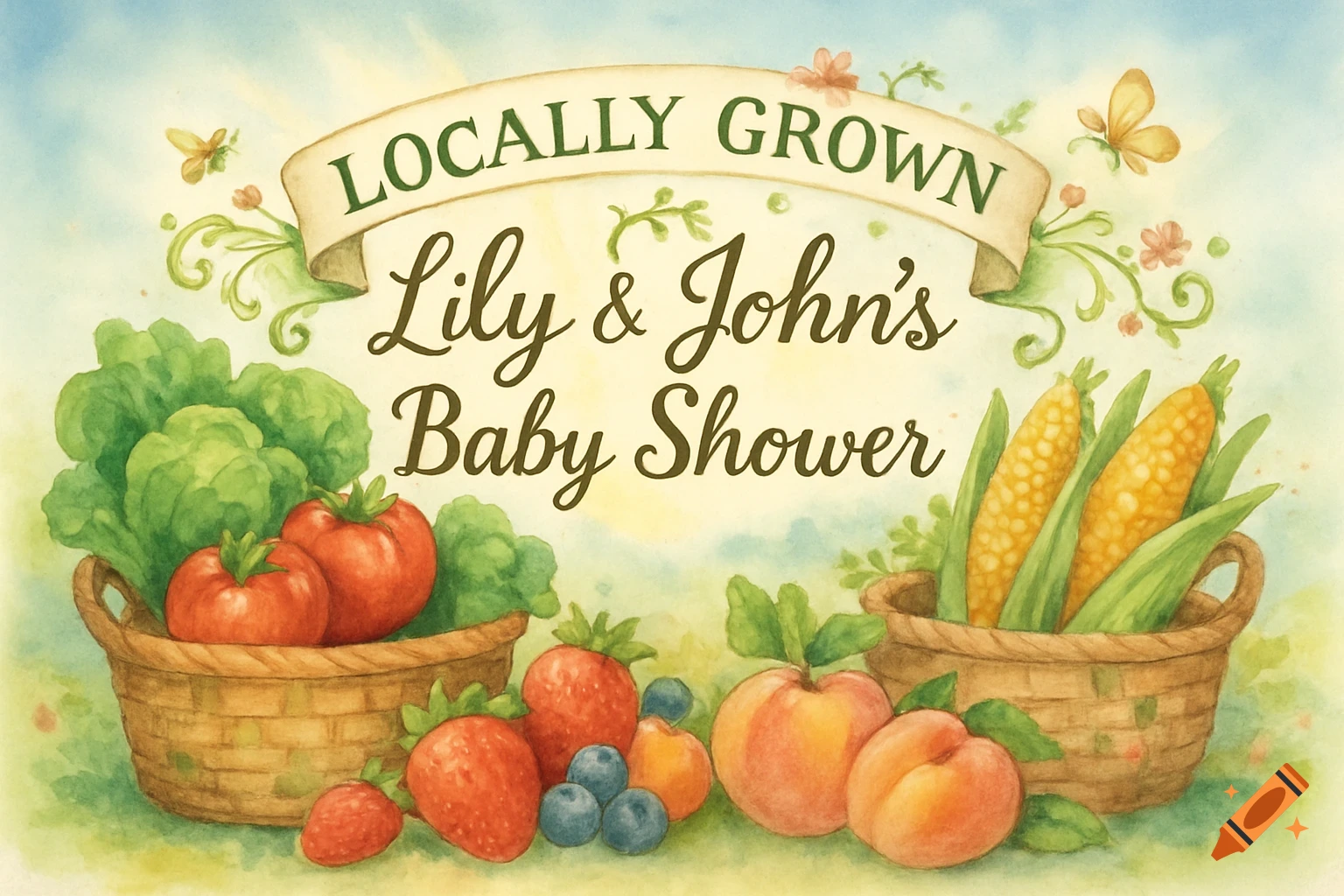 A watercolor baby shower sign with a "Locally Grown" banner, text "Lily & John's Baby Shower," and baskets of fresh fruits and vegetables.