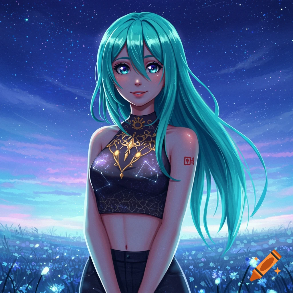 An anime girl with teal hair and blue eyes, wearing a crop top, stands in a field of blue flowers under a starry night sky.