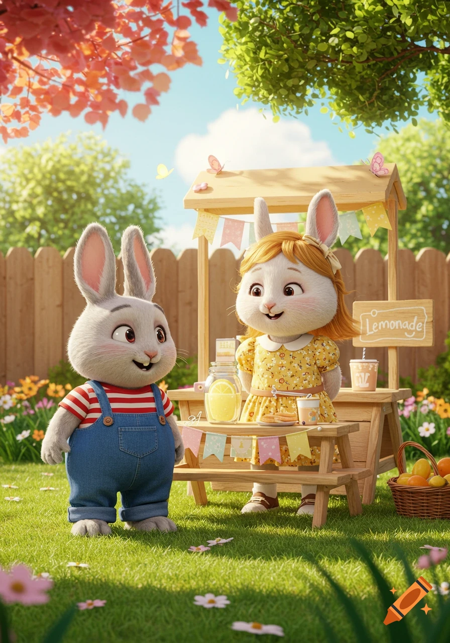 A cute cartoon bunny wearing overalls stands next to a female bunny in a dress, who is behind a lemonade stand in a sunny garden.