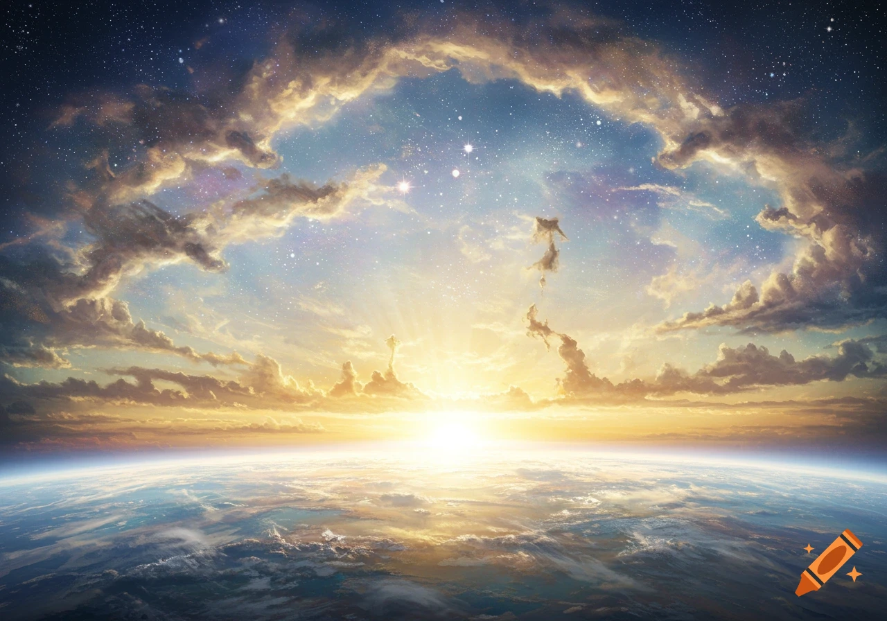 View of Earth from space at sunrise, with a vibrant sky filled with clouds and stars.