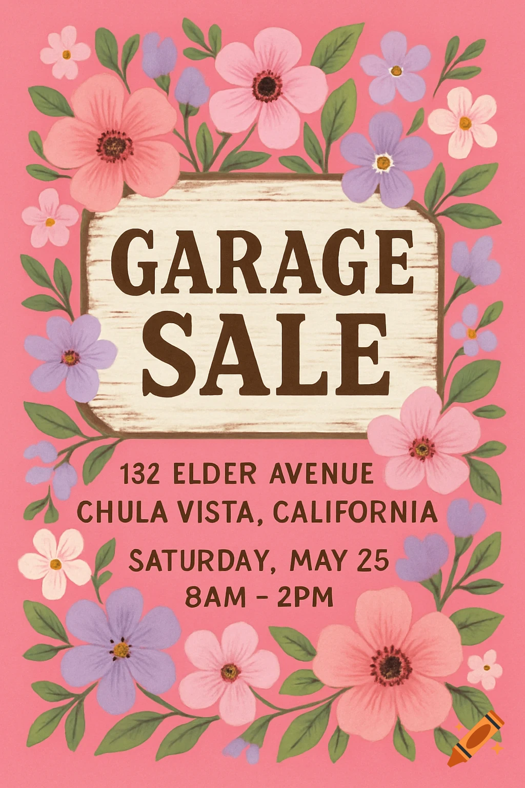 A pink floral garage sale flyer with text "GARAGE SALE", "132 ELDER AVENUE CHULA VISTA, CALIFORNIA", "SATURDAY, MAY 25 8AM - 2PM".