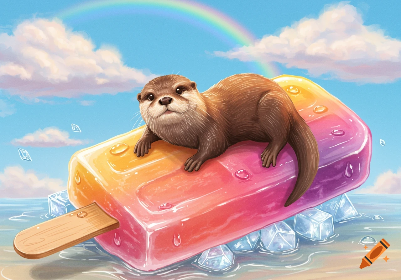 A cute otter lies on a rainbow-colored popsicle floating on water, under a blue sky with clouds and a rainbow. Illustrated.
