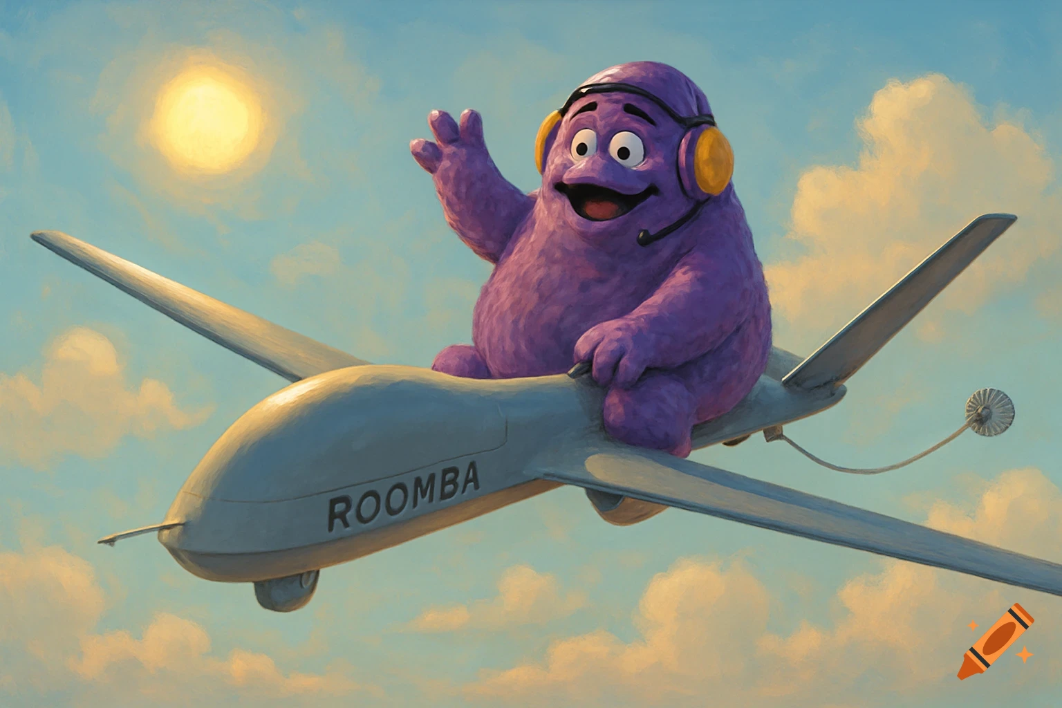Grimace from McDonald's flying on a drone labeled 'ROOMBA' with a refueling drogue in a sunny sky.