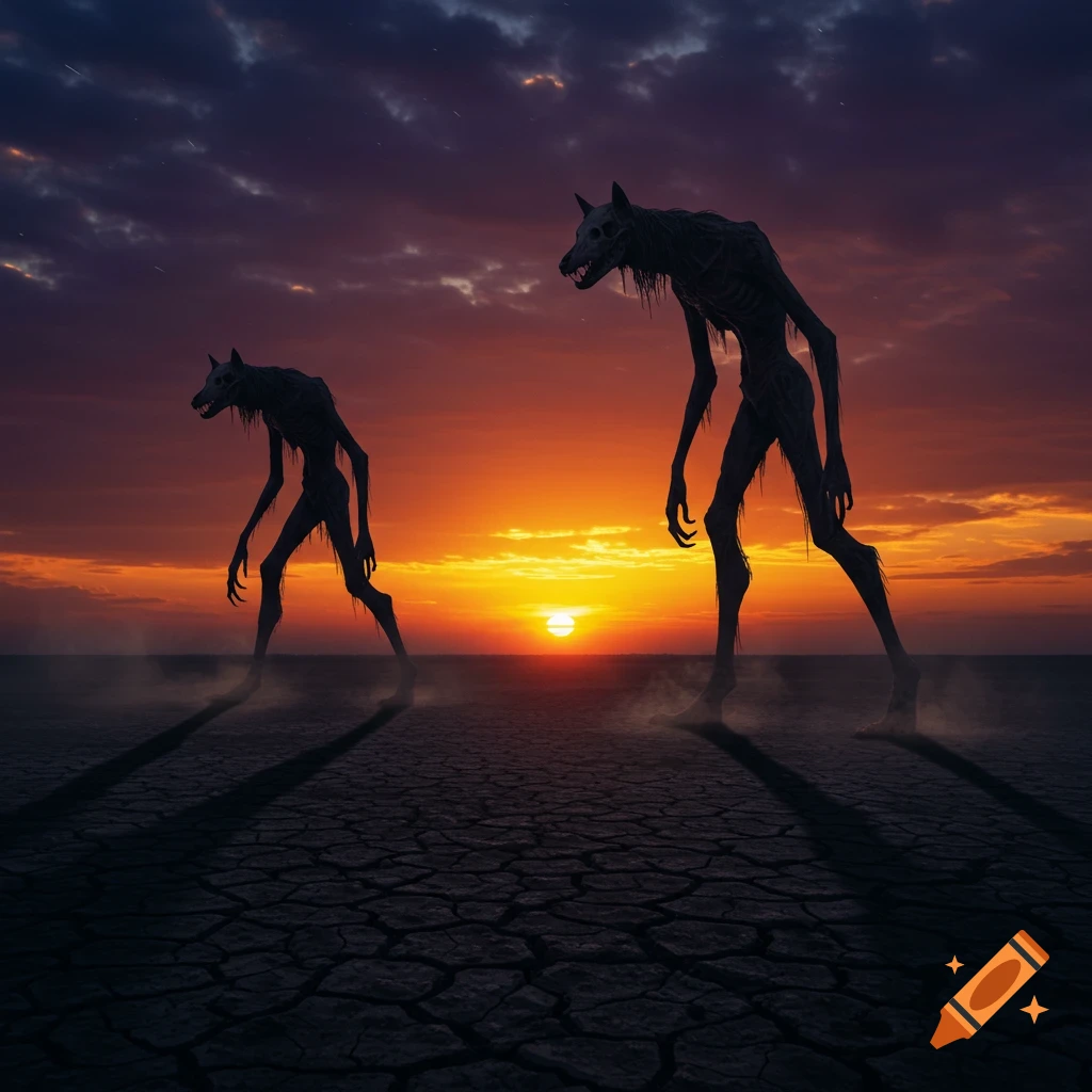 Two tall, skeletal, dog-headed creatures silhouetted against a vibrant sunset on a cracked, desolate plain.