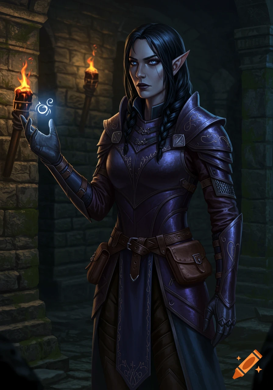 A female fantasy character with dark hair and blue eyes, wearing purple armor, holding a glowing magical symbol and a torch in a dungeon.