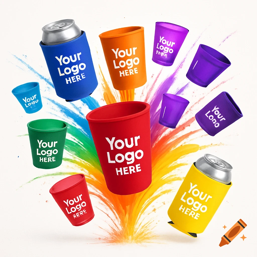 Vibrant can coolers, shot glasses, and stadium cups exploding from a white background with colorful splashes. Most items say 'Your Logo Here'.