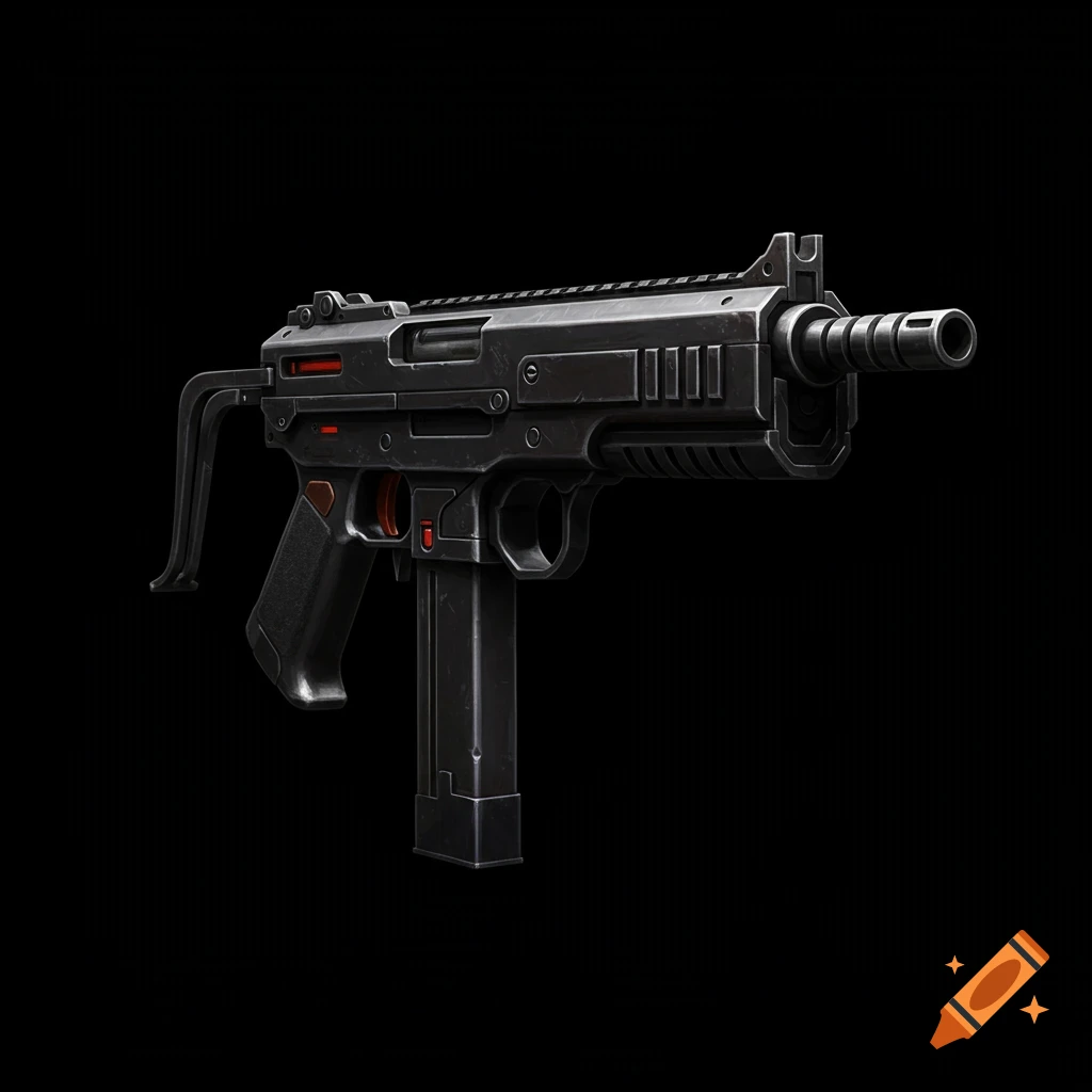A black submachine gun, or blaster, rendered against a black background.