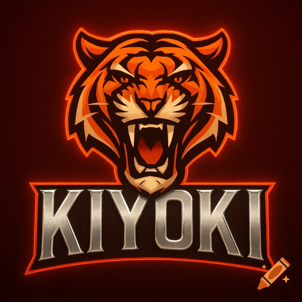A fierce, roaring orange tiger head logo with glowing orange outlines, above the metallic silver word "KIYOKI" with an orange border, all on a dark red background.