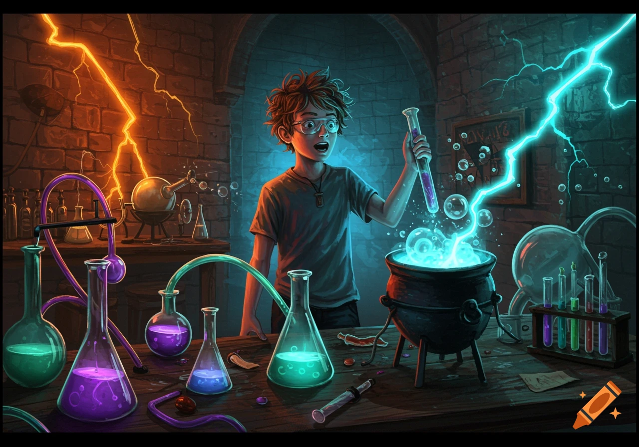 Illustrated boy in goggles mixing glowing potions in a dark alchemy lab with electric lightning.