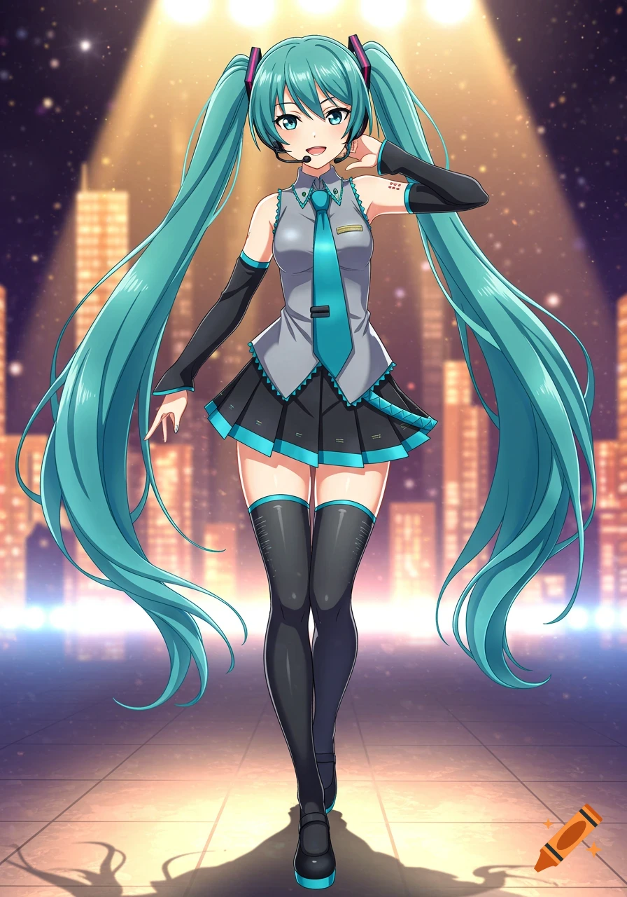 Anime girl with long teal pigtails, grey and black idol outfit, headset microphone, on a stage before a city skyline.
