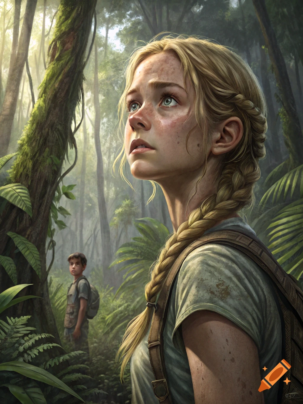 A young blonde girl with braided hair and a backpack looks up in a dense jungle, with a boy visible in the background. Realistic art.