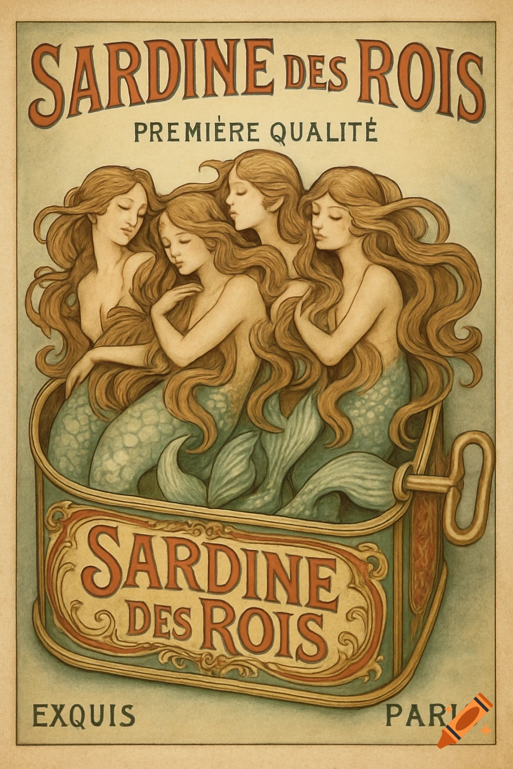 Vintage Art Nouveau illustration of four mermaids with flowing hair and shimmering tails curled inside an open sardine can, with ornate French typography.